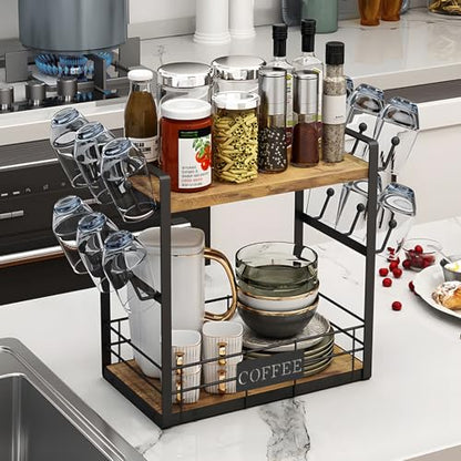 Coffee Mug Rack with 12 Hooks, 2-Tier Coffee Bar Organizer with Shelf & Storage Basket, Countertop Coffee Cup Holder Stand for Kitchen, Home & Café - Black & Brown - color: 2-Tier (Large)