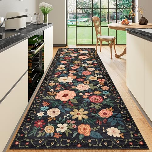 DUKINO 3x10 Runner Rug, Floral Washable Kitchen Runner Rug Non Slip, Black | Soft, Low Pile, Stain Resistant Indoor Rug Runner for Hallway, Entryway, Bedroom, Bathroom, Modern Home Decor, Pet Friendly - color: Black, size: 3' x 10' (Rectangular)