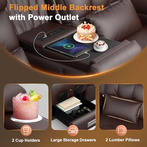 Home Theater Seating, 3 Seat Power Loveseat Recliner Sofa with Heat Massage | Wall Hugger Reclining Loveseat with USB, RV Couch with LED Lights, Flip Backrest, Cup Holders for Movie Theater, Gaming Room - color: Brown, size: 78" - 3 Seats