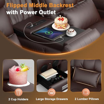 Home Theater Seating, Power Loveseat Recliner Sofa with Massage & Heat | Wall Hugger Reclining Loveseat with USB, RV Couch with LED Lights, Flip Backrest, Cup Holders for Movie Theater, Gaming Room - color: Brown, size: 72" - 2 Seats