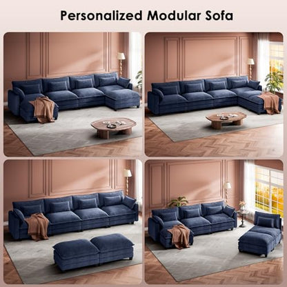 Marsail Modular Sectional Sofa 145.6" U-Shaped Modern Comfy Cloud Couch, 6-Seat Chenille Deep Seat Sofa with Throw Pillow & Movable Ottoman for Living Room, Bedroom and Apartment, Blue - color: Blue, size: 145.6" - U Shape