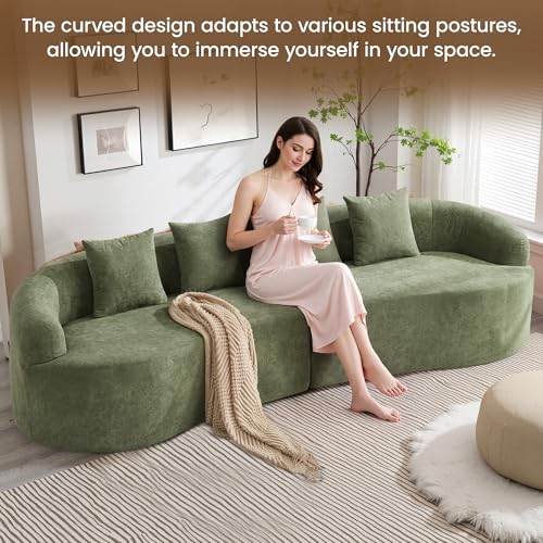 110" Boneless 4 Seater Sofa Couch, Modern Oversized Curved Cloud Sofa, Chenille 4-Seater Deep Seat Sectional Couches for Living Room, No Assembly, Green - color: Green, size: 4-Seater Sofa
