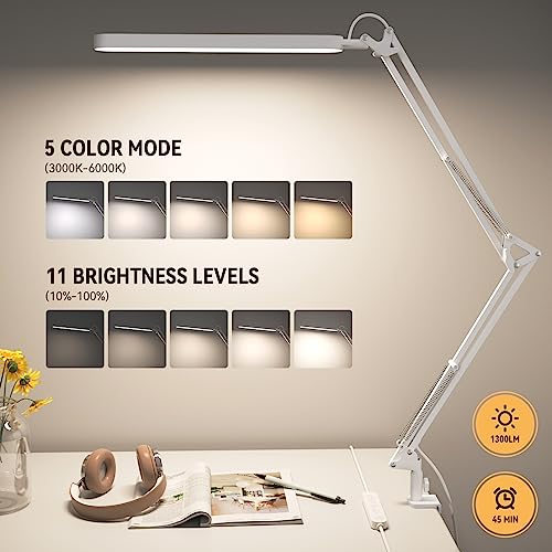 Led Desk Lamp - 31.5" Desk Light - 5 Color Modes X 11 Brightness Levels - Adjustable Swing Arm - Timmer & Memory Function - 12W Study Lamp - White - style: White swing arm