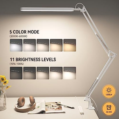 Led Desk Lamp - 31.5" Desk Light - 5 Color Modes X 11 Brightness Levels - Adjustable Swing Arm - Timmer & Memory Function - 12W Study Lamp - White - style: White swing arm
