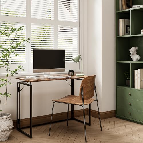 31.5" Folding Desk: No Assembly, Wood Top for Small Spaces | Home office desk, holds 150 lbs, folds flat to 2.3 in, splash-proof wood top, sturdy metal frame - color: Rustic Brown, size: 31.5"W x 15.7"D