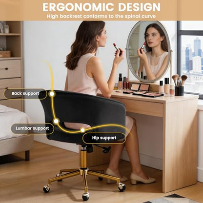 Vanity Chair with Back 360 Swivel Armchair and Gold Base, Criss Cross Chair with Wheels for Vanity Home Office, Living Room, Bedroom and Study (Black) - color: Black