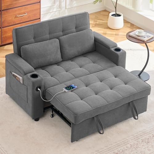Korser 55.5'' 3-in-1 Convertible Sofa Bed, Pull Out Couch with 5-Position Adjustable Backrest, Loveseat Sleeper Sofa for Small Spaces, Sofa Couch with Cup Holders for Living Room, Office, Chenille - color: Dark Grey