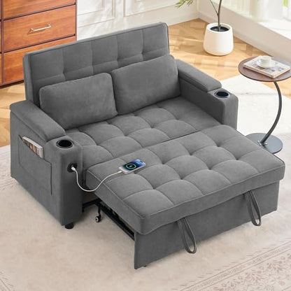 Korser 55.5'' 3-in-1 Convertible Sofa Bed, Pull Out Couch with 5-Position Adjustable Backrest, Loveseat Sleeper Sofa for Small Spaces, Sofa Couch with Cup Holders for Living Room, Office, Chenille - color: Dark Grey