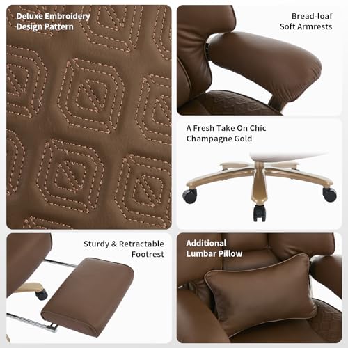 EXCEBET Big and Tall Executive Office Chair with Footrest, 400LBS Capacity Ergonomic High-Back Desk Office Chair with Lumbar Support, Padded Armrests & Thick Cushion, Brown PU Leather Chairs - color: Brown