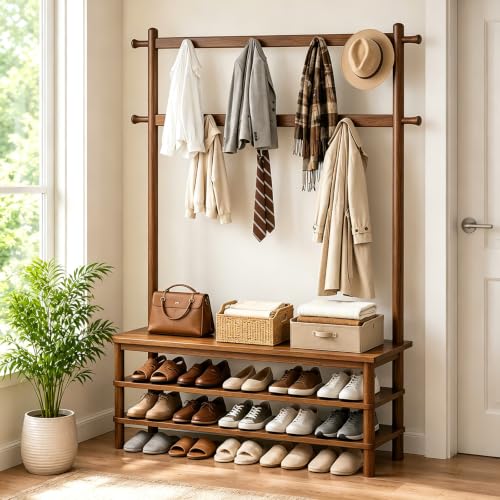 Hall Tree with Shoe Storage Bench, 3-in-1 Entryway Coat Rack with Bench, 11 Hooks, Freestanding Wooden Entryway Organizer for Mudroom, 35" Long - size: 35" Long