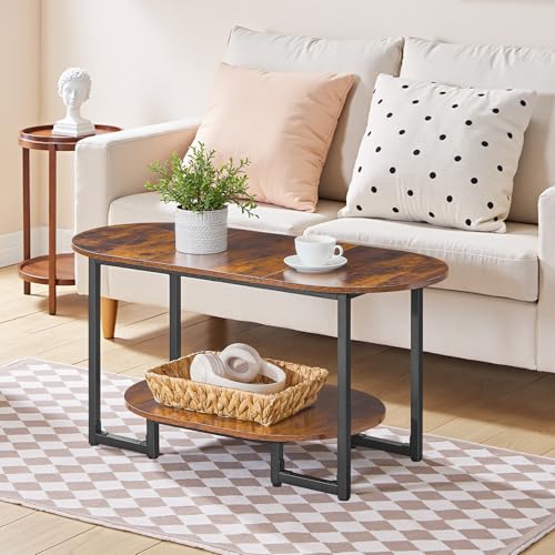 HOOBRO Coffee Table for Living Room, Oval Small Coffee Table with 2-Tier Open Storage Shelf, Industrial Cocktail Tea Table, Wooden Desktop Center Table, Farmhouse, Home Office, Rustic Brown BF09KF01 - color: Rustic Brown