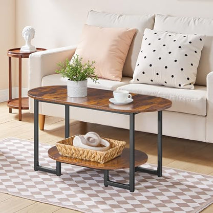 HOOBRO Coffee Table for Living Room, Oval Small Coffee Table with 2-Tier Open Storage Shelf, Industrial Cocktail Tea Table, Wooden Desktop Center Table, Farmhouse, Home Office, Rustic Brown BF09KF01 - color: Rustic Brown