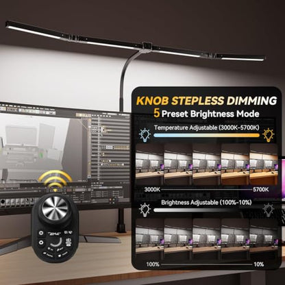 Adjustable LED Desk Lamp with Clamp, 4-Head Eye-Caring CRI95+ Desk Light, Stepless Dimming & Color Temp Remote Control, Flexible Neck, 5-Mode for Reading, Computer, Crafting, 90" Wide Desk Coverage - color: Black