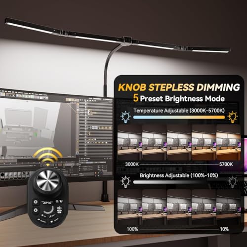 Adjustable LED Desk Lamp with Clamp, 4-Head Eye-Caring CRI95+ Desk Light, Stepless Dimming & Color Temp Remote Control, Flexible Neck, 5-Mode for Reading, Computer, Crafting, 90" Wide Desk Coverage - color: Black