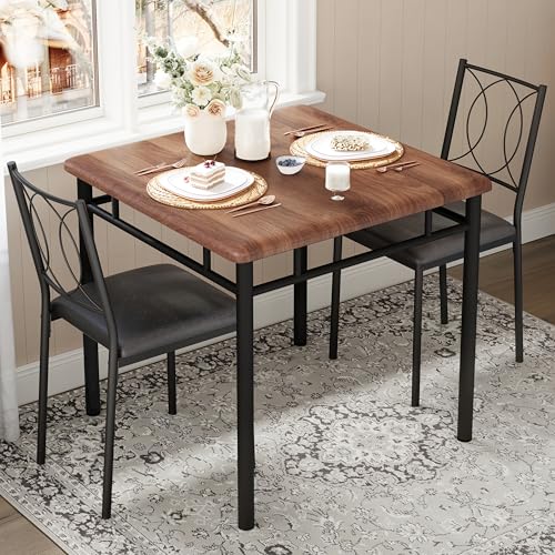 IDEALHOUSE Space-Saving Dining Table Set for 2, 3-Piece Farmhouse Wood | Table & Upholstered Chairs – Easy to Clean, Compact Apartment Furniture – Ideal for Small Spaces – Walnut Color - color: Walnut