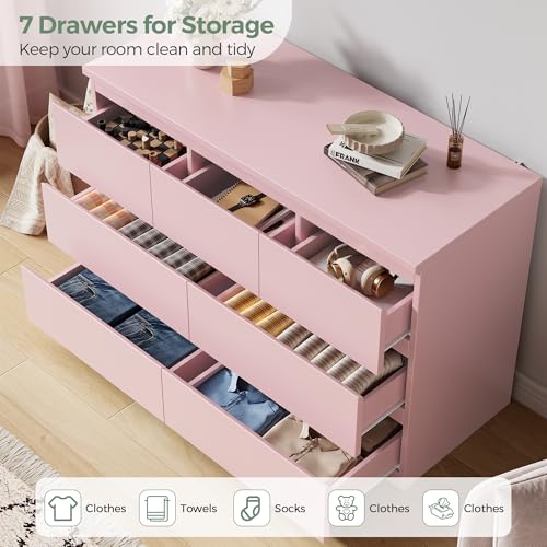 Jocoevol Modern Pink 7 Drawer Dresser for Bedroom, Simply Chest of Drawers, Wood Storage Dresser with Deep Drawers for Living Room Hallway Entryway, Pink - color: Pink