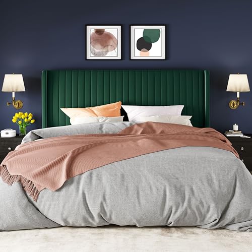 Allewie King Size Bed Frame/Velvet Upholstered Platform Bed/Vertical Channel Tufted Wingback Headboard/Strong Wooden Slats/No Box Spring Needed/Easy Assembly/Green - color: Green, size: King