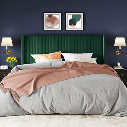 Allewie King Size Bed Frame/Velvet Upholstered Platform Bed/Vertical Channel Tufted Wingback Headboard/Strong Wooden Slats/No Box Spring Needed/Easy Assembly/Green - color: Green, size: King