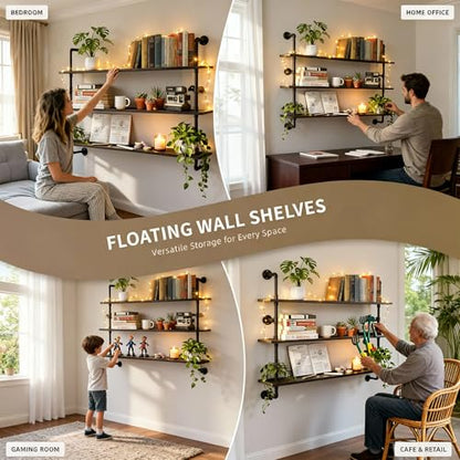 HDDFER Industrial Pipe Shelving Rustic Black Wall Shelves with Wood Planks Industrial Floating Shelves 48 Inch 3 Tier Farmhouse Bookshelf Pipe Shelves Wall Mounted,Open Shelving For living room/office - color: Black, size: 3Tier48in