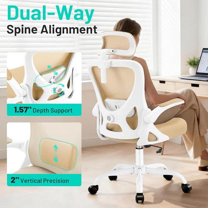 Office Chair - Ergonomic Desk Chair Breathable Mesh Chair with 2D Headrest & Adjustable Lumbar Support - Executive High Back Rolling Swivel Computer Gaming Chair with Wheels Flip-up Armrests - color: Khaki/White