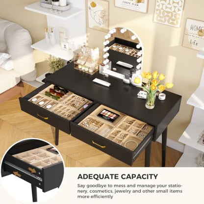 FUNKOCO Black Small Vanity Desk with Drawers, 40 Inch Simple Writing Desk | Vanity Desk No Mirror with 4 Solid Legs, Modern Computer Desk for Small Spaces, Home Office, Study - color: Black