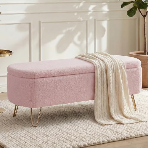 Modern Storage Ottoman Bench, Teddy Upholstered Entryway Bench with Gold Legs, Vintage End of Bed Bench with Safety Hinge, Padded Bench with Storage for Living Room, Bedroom, Entryway (Pink) - color: Pink