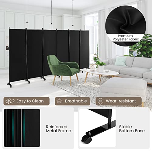 NAFORT 6 Panel Folding Room Divider for Room Separation, Freestanding Privacy Screen with Lockable Universal Wheels, Fabric Wall Partition Screen for Living Room, Bedroom, Office, Black - color: Black