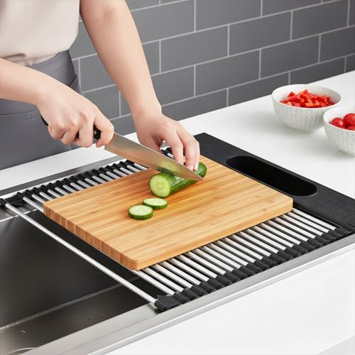 Roll Up Dish Drying Rack Over Sink, 17.5" x 15.2" Foldable SUS304 Stainless Steel Kitchen Dish Drainer, Heat-Resistant Multipurpose Rolling Sink Rack Organizer,Black - size: Black（17.5" X 15.2"）