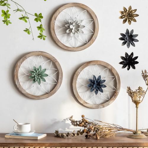 Paquesta 3 Piece Round Farmhouse Wall Decor with 6 Piece Interchangeable Flowers 12'' Medallion Wood & Metal Rustic Wall Art for Living Room Bedroom Kitchen Bathroom Dining Room Home Decorations - color: white wheel
