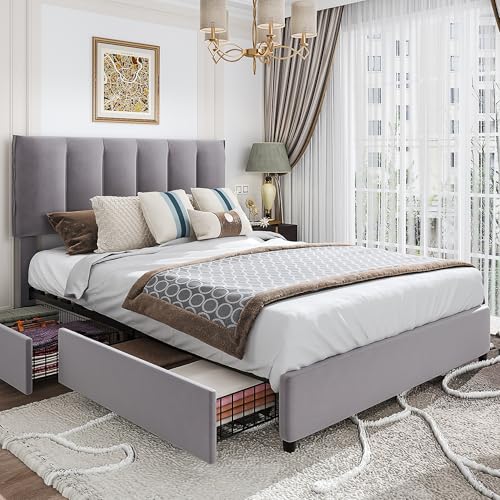 VECELO Full Size Bed Frame with 4 Storage Drawers, Adjustable Height Headboard, Heavy-Duty Platform Bedframe with Strong Wooden Slats, No Box Spring Needed, Dark Grey - color: Dark Grey, size: Full, style: Bed Frame With Drawers