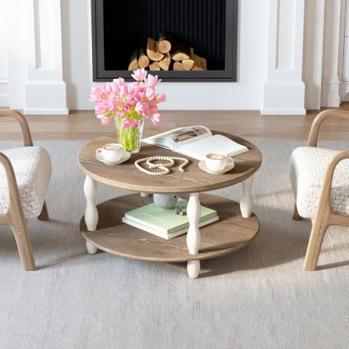 karlott 2-Tier Farmhouse Coffee Table, Round Coffee Tables for Living Room | Solid Wood Veneer Tabletop, Pine Legs & Storage Shelf, Rustic Boho Center Table, Easy Assemble for Living Room - size: 2 Tier Coffee Table 30.3 Inches