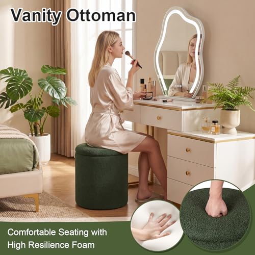 14.5" Small Ottoman with Storage, Teddy Velvet Foot Rest Stool with Reversible Wood Tray Lid, Round Storage Ottoman Coffee Table, Vanity Stool for Living Room, Olive Green - color: Olive Green