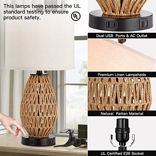 CINSARY Touch Control Rattan Table Lamp, 3 Way Dimmable Bedside Lamp for Bedroom with 2 USB Ports and AC Outlet, Wicker Nightstand Lamps for Living Room(LED Bulb Included), Rattan-1PK - color: Rattan-1PK