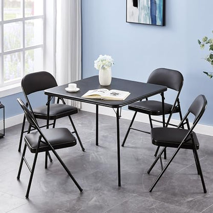 VECELO Folding Card Table and Chair Set of 5 Portable with Padded Tabletop, No Assembly Required, Black - color: Black, style: Table & 4 Chairs