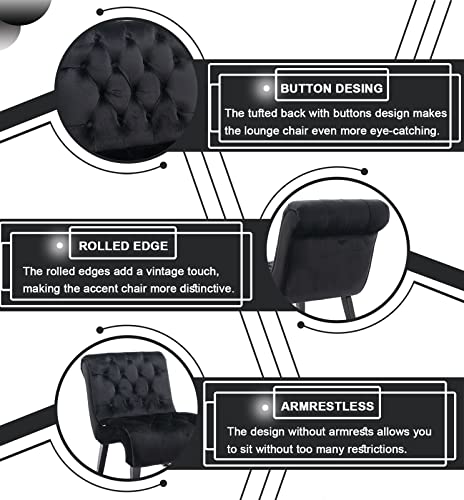 Comfy Velvet Accent Chair Set of 2, Tufted Armless Chair with Rolled Edge | Modern Small Lounger for Living Room, Upholstered Reading Chaise Lounge with Solid Rubber Wood Legs, Black - color: Deep Black, size: Set of 2