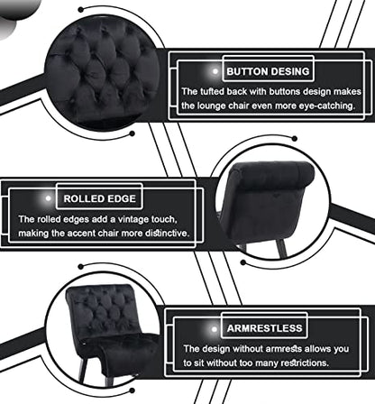 Comfy Velvet Accent Chair Set of 2, Tufted Armless Chair with Rolled Edge | Modern Small Lounger for Living Room, Upholstered Reading Chaise Lounge with Solid Rubber Wood Legs, Black - color: Deep Black, size: Set of 2