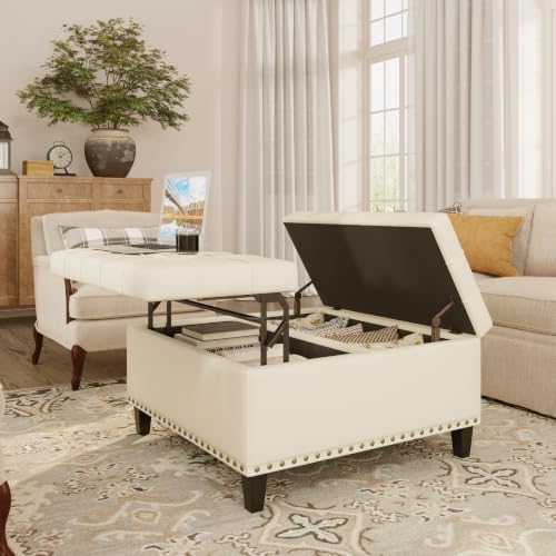 FiveWillowise 31.5 Inch Large Square Ottoman with Storage,Faux Leather | Coffee Table Storage Ottoman Bench with Lift Top Upholstered Footrest Stool Toy Box for Bedroom Living Room,Yellow White - color: Yellow White