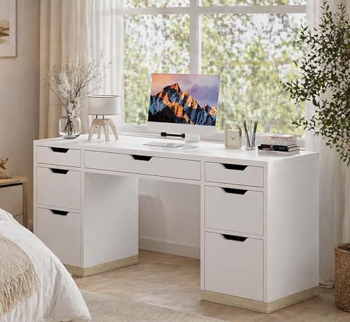White Desk with Drawers, 54 Inch Office Desk with Storage for Bedroom | Small Computer Desk with Storage Drawers for Work Writing Study, Modern Desk for Small Spaces - color: White