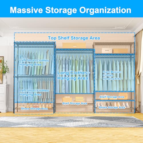 E13 Max Heavy Duty Clothes Rack（With 4 Hanger Rods & 8 Shelves） Freestanding Clothing Racks for Hanging Clothes，Adjustable Closet，Metal Garment Rack 86" W x16 D x77 H，Max Load 1100LBS，Black - color: Black, size: E13 Max
