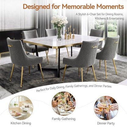 WUTUTUEE Velvet Dining Chairs Set of 6 Gold Legs,Upholstered Velvet Accent Chairs, Pleated Back Design & Gold Pull Handle, Mid Century Modern Chairs for Dining/Kitchen/Living Room,Light Grey - color: Light Grey, size: Set of 6