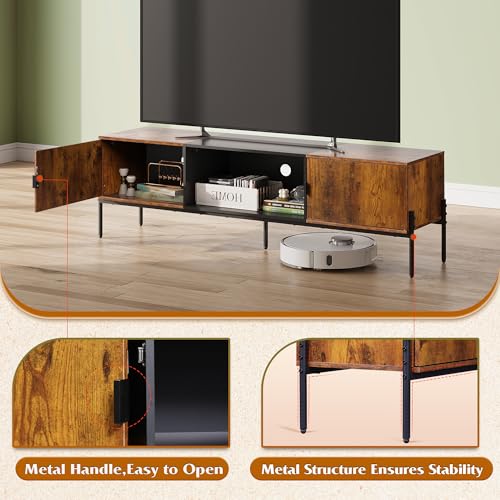 WLIVE 58" TV Stand for 65 Inch TVs, Mid Century Modern Entertainment Center with 2 Storage Cabinets & Open Shelf, Media Console Table with Metal Legs for Living Room, Bedroom, Rustic Brown - color: Rustic Brown