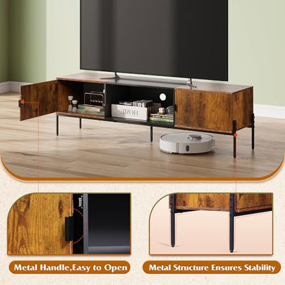 WLIVE 58" TV Stand for 65 Inch TVs, Mid Century Modern Entertainment Center with 2 Storage Cabinets & Open Shelf, Media Console Table with Metal Legs for Living Room, Bedroom, Rustic Brown - color: Rustic Brown