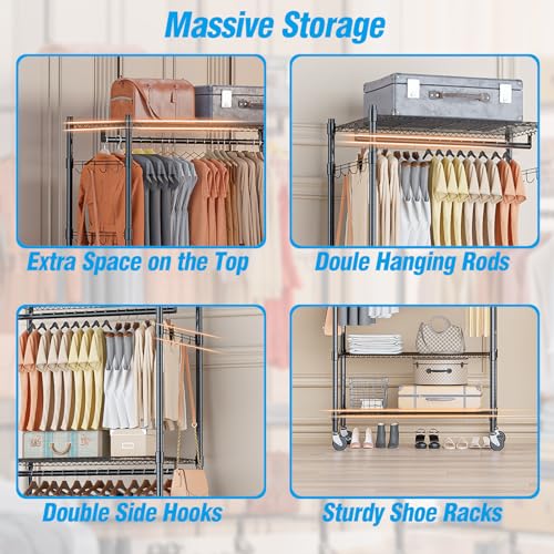 Homdox Heavy Duty Clothing Rack with 3 Tier Adjustable Wire Shelves, Garment Racks for Hanging Clothes, Double Rods Clothing Rack, Freestanding Closet Wardrobe with Side Hooks, Black - color: Black, size: 16.54"D x 23.62"W x 80.71"H