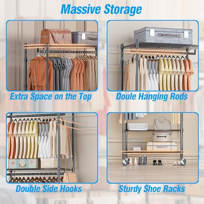 Homdox Heavy Duty Clothing Rack with 3 Tier Adjustable Wire Shelves, Garment Racks for Hanging Clothes, Double Rods Clothing Rack, Freestanding Closet Wardrobe with Side Hooks, Black - color: Black, size: 16.54"D x 23.62"W x 80.71"H