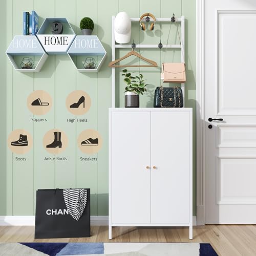 2in1 Hall Tree Shoe Cabinet for Entryway, Hallway, and Living Room,Metal Shoe Coat Rack Cabinet with 3 Adjustable Shelf,Shoe Storage Organizer with Hanging Bar & Hooks (Cabinet With Coat Rack, white) - color: White, style: Cabinet With Coat Rack