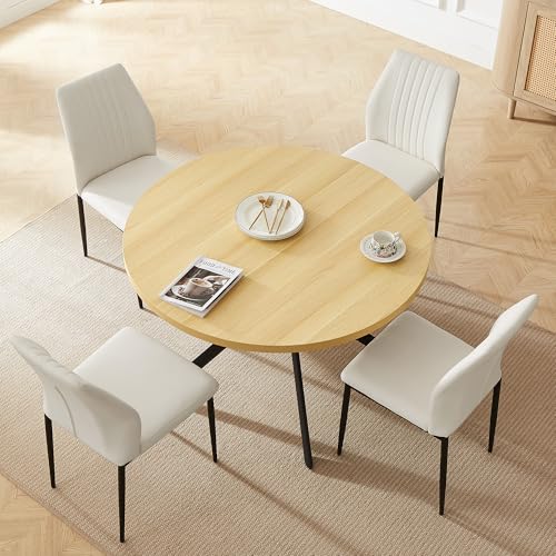 HIPIHOM 45.3'' Walnut Round Dining Table Set for 4, Mid Century Modern Small Coffee Set for Dining Room Kitchen Apartment (Cream Table + 4 White Chairs) - color: Cream Table+4 White Chairs