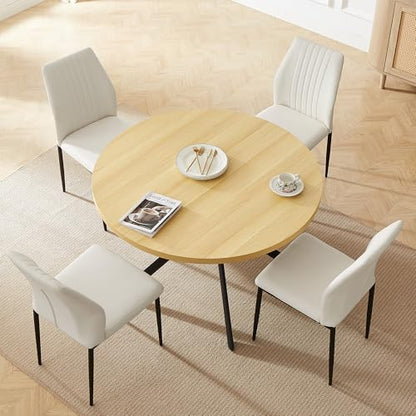 HIPIHOM 45.3'' Walnut Round Dining Table Set for 4, Mid Century Modern Small Coffee Set for Dining Room Kitchen Apartment (Cream Table + 4 White Chairs) - color: Cream Table+4 White Chairs