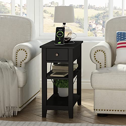 ChooChoo Narrow End Table with Charging Station and Hidden Drawer | Side Table Living Room, USB Ports, Hidden Drawer, 3-Tier Skinny Nightstand, 2 Open Storage Shelves, Small Place, Black - color: Black