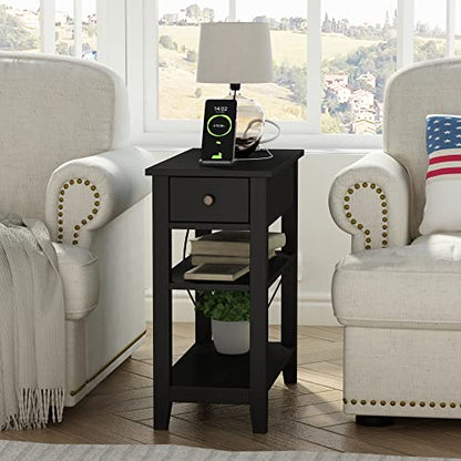 ChooChoo End Table Set of 2 Living Room with Charging Station | Sofa Side Table, Narrow Night Stand, USB Ports & Power Outlets, Hidden Drawer, Black - color: Black