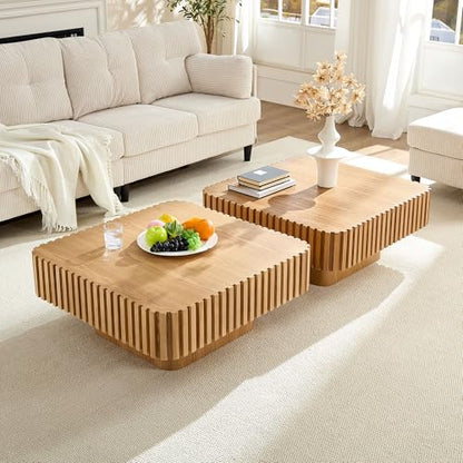 JUSTONE 35-inch Mid-Century Modern Drum Coffee Table, Handcrafted Wood Round Center Table for Living Room, Home Office, Natural Ash - color: 35.43'' - Natural Ash-1